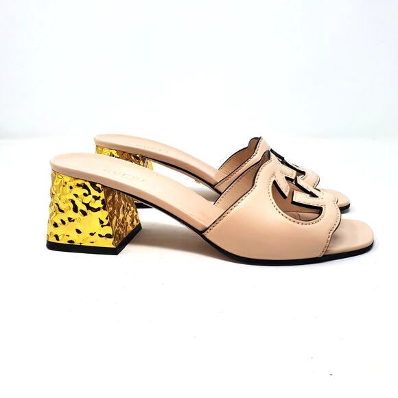 Gucci Sandals Interlocking G Cut-Out Leather Light Pink Gold Heel Size 37 US 7 - Picture 4 of 11